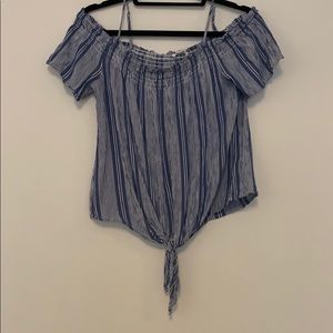 Blue striped top with off shoulder sleeves
